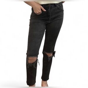 ASOS High Rise Cutout Distressed Frayed Raw Hem Knee Charcoal Jeans Size 26W 32L